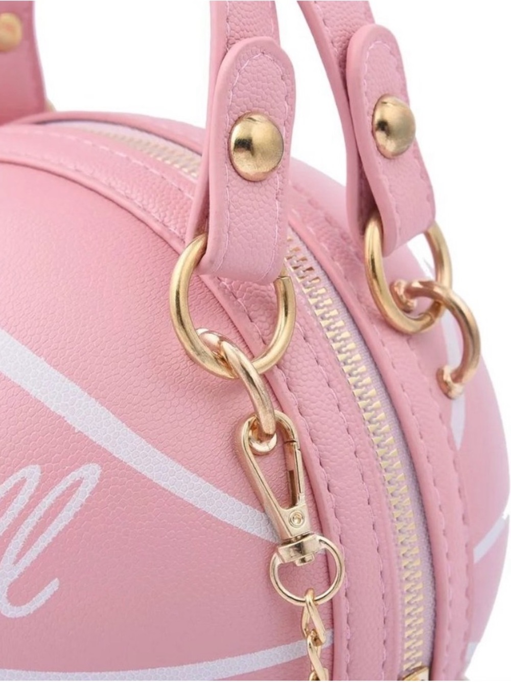NEW Pink Faux Leather Basketball Crossbody Bag w Double Handle Drop & Gold Chain - Picture 6 of 16